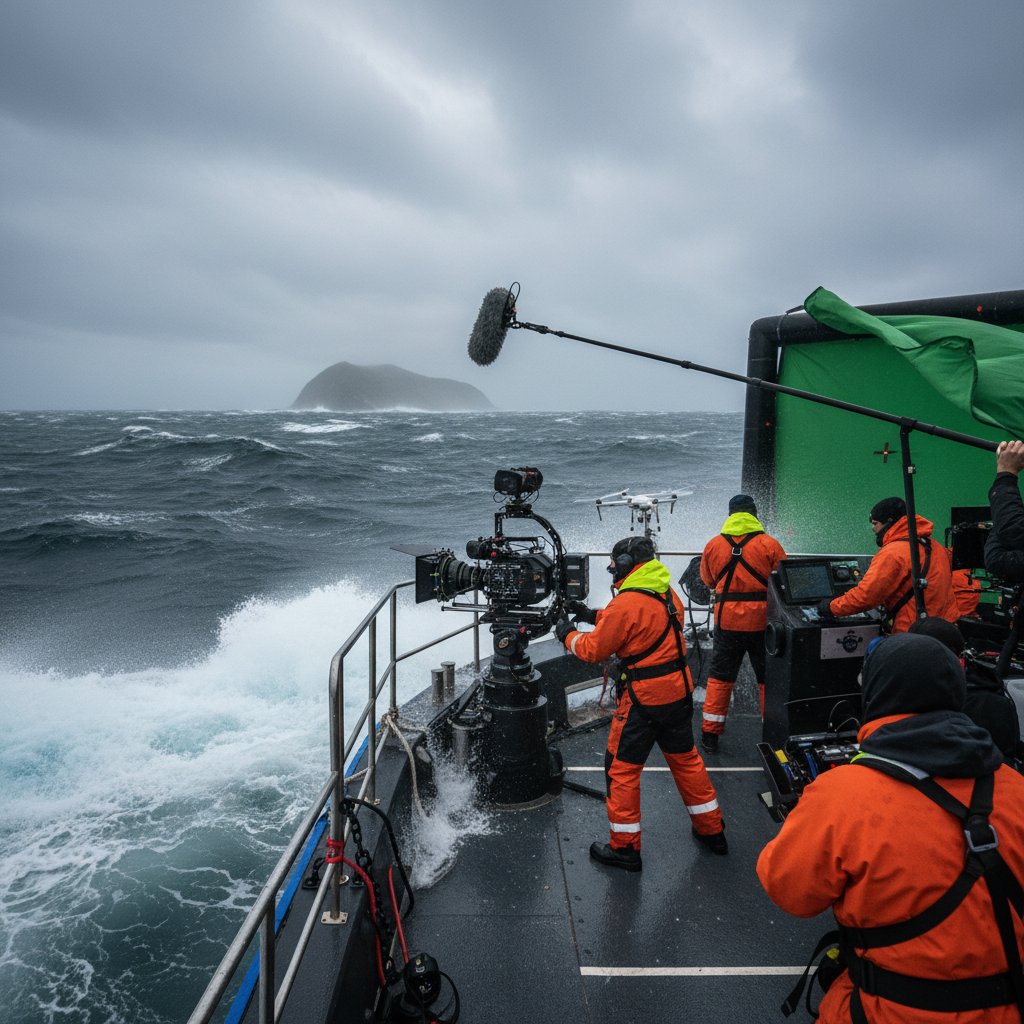 Film crew faces huge waves during ocean shoot for a behind-the-scenes ocean movie image