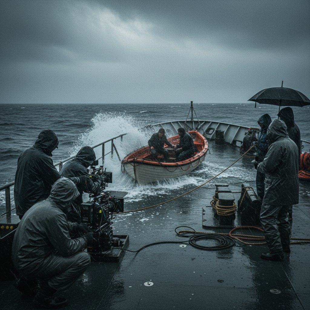 Film crew and actors in rain gear filming on rolling deck, stormy sea, action blur