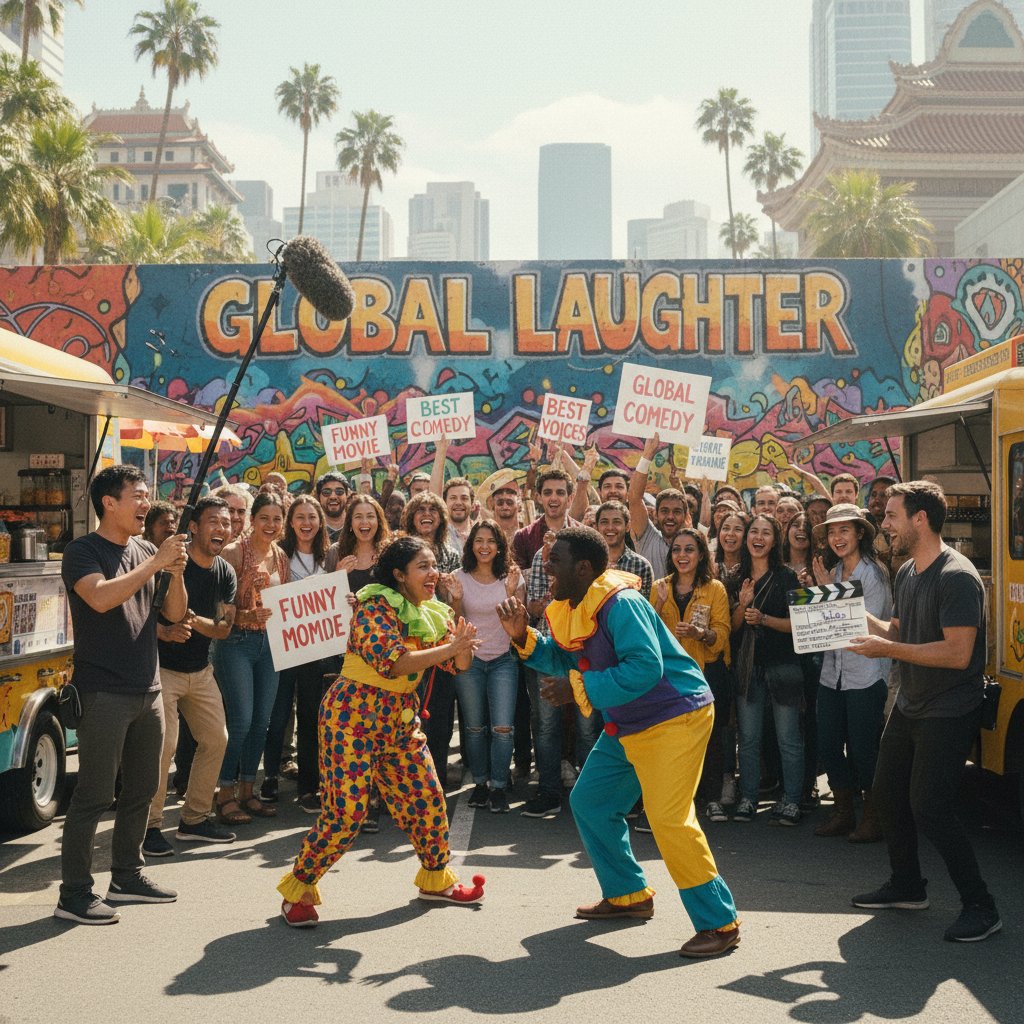 Film crew shooting a comedy scene in a multicultural city, illustrating global voices and micro-genres in modern comedy