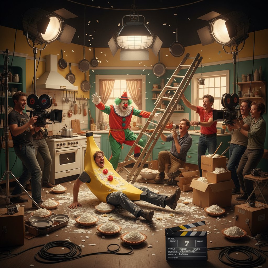 Movie crew filming slapstick scene