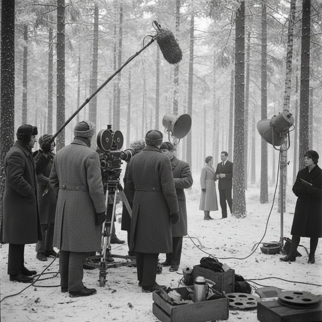 Vintage behind-the-scenes photo of Bergman’s crew filming in a Swedish forest