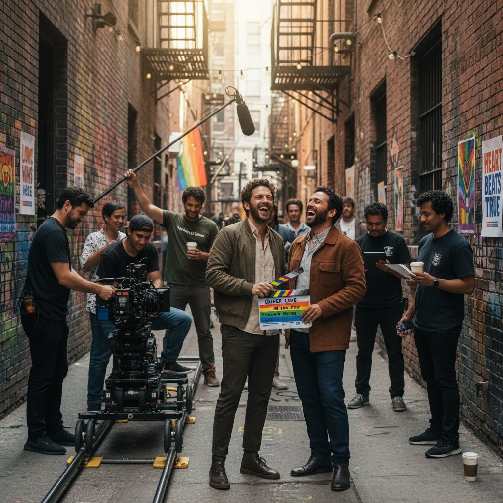 Photo: Film crew setting up a scene in a colorful urban alley, actors laughing between takes
