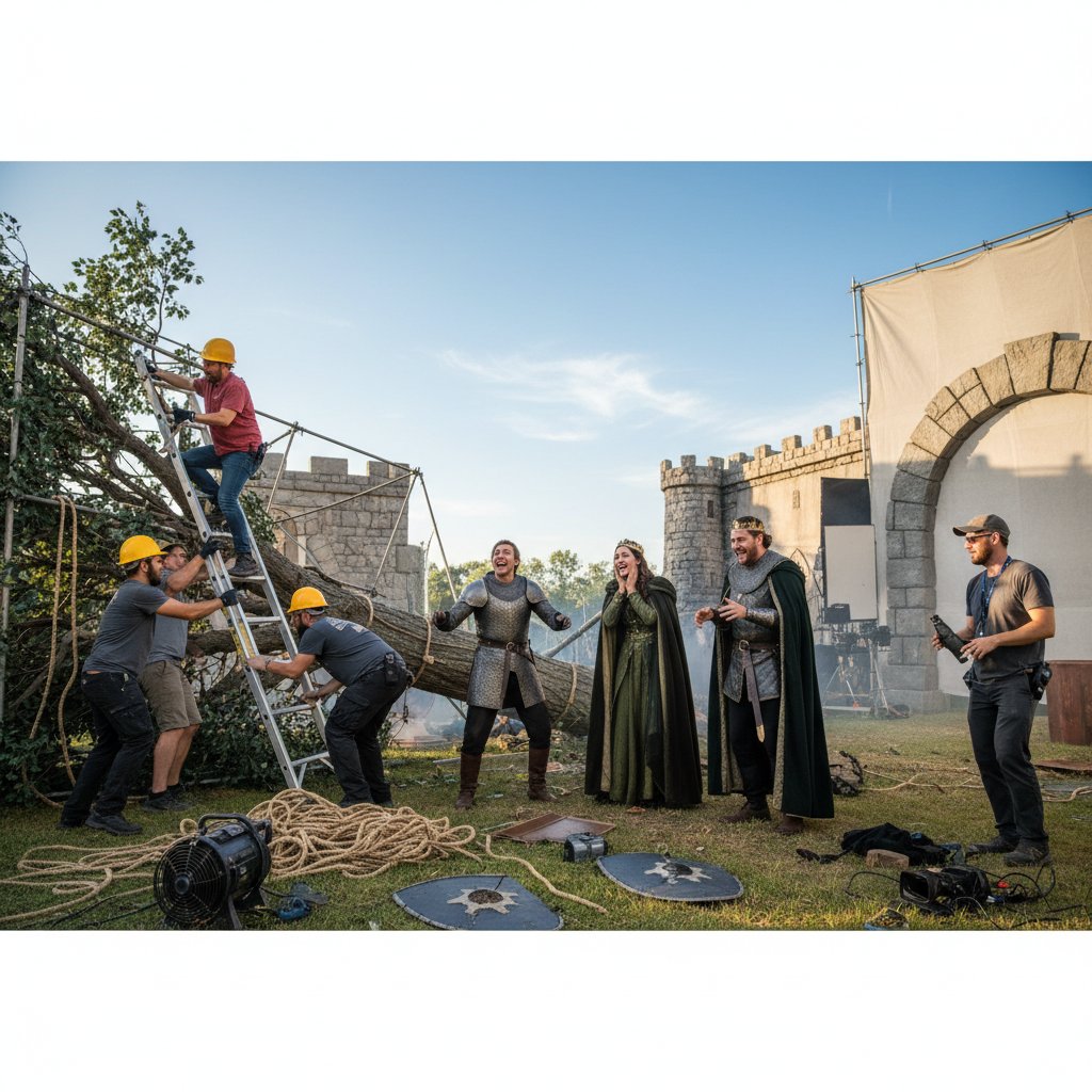 Film crew handling blooper aftermath, crew members fixing a toppled set piece, actors laughing