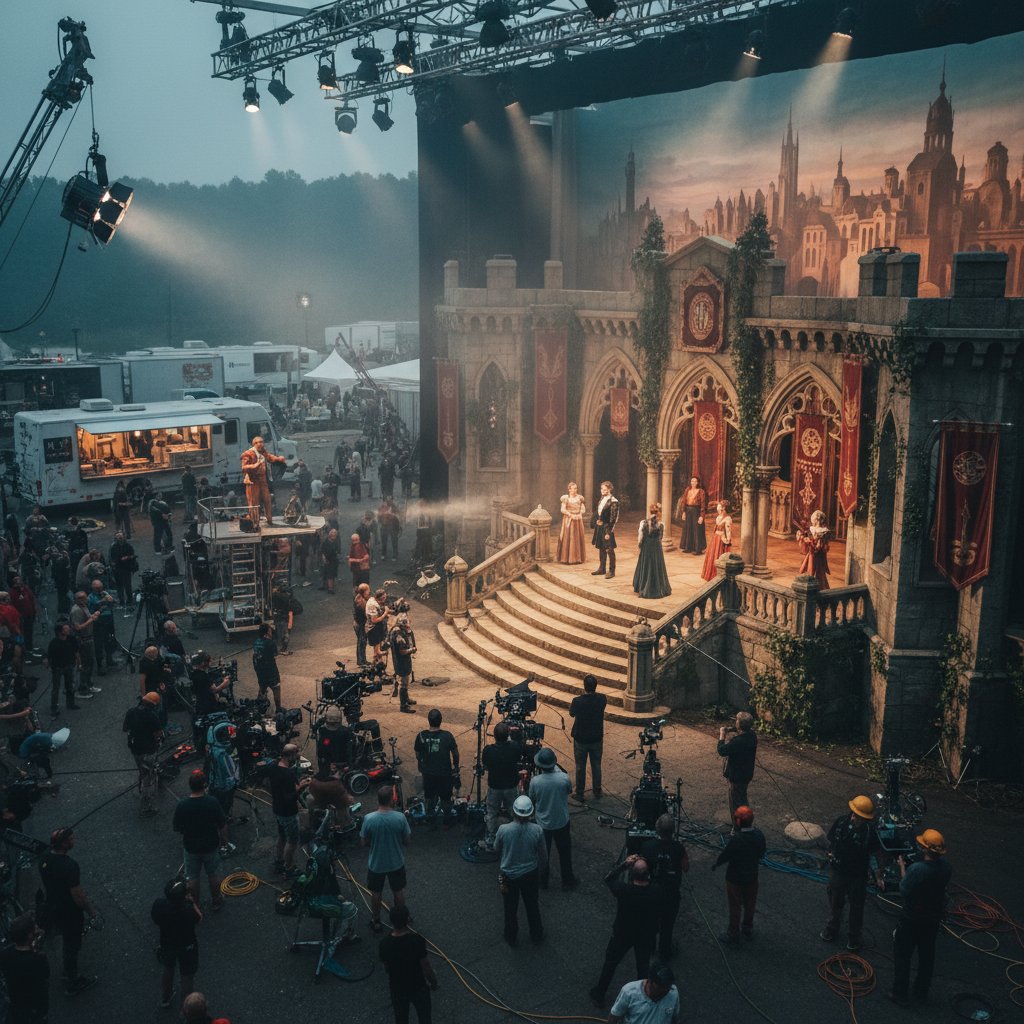 Film crew shooting Shakespeare adaptation on a grand set