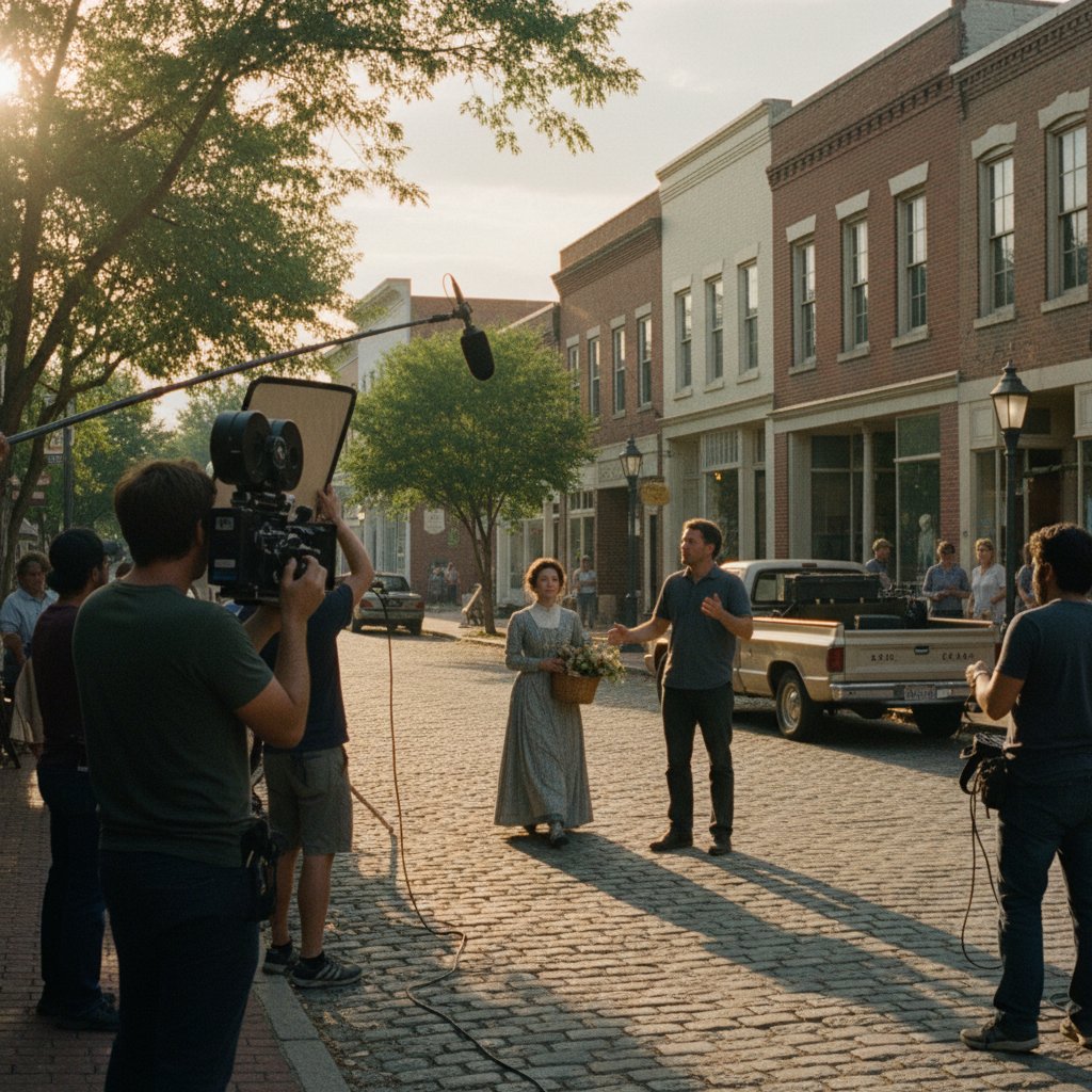 Photo of a film crew shooting on a real small town street, handheld camera, natural lighting, locals in background