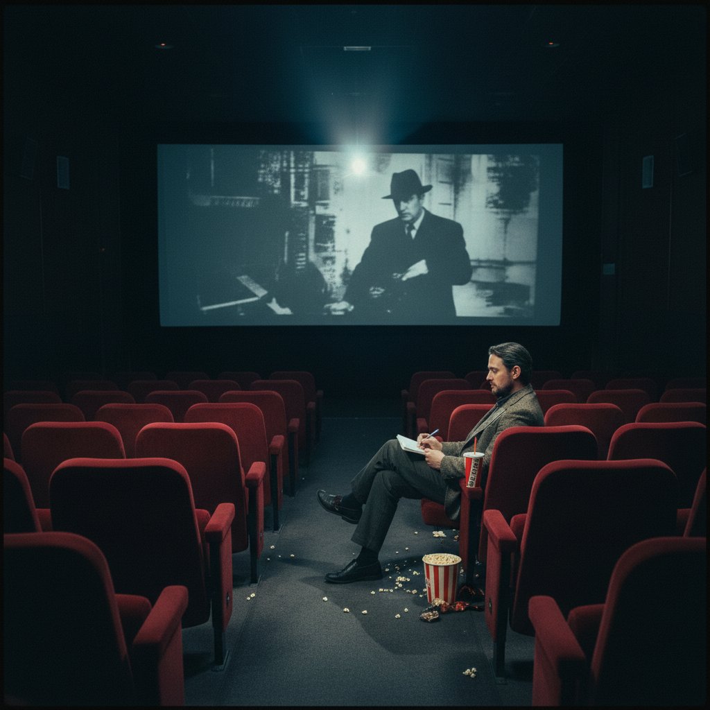 Thoughtful film critic watching a movie in an empty theater with a notebook, evaluating movie achievements