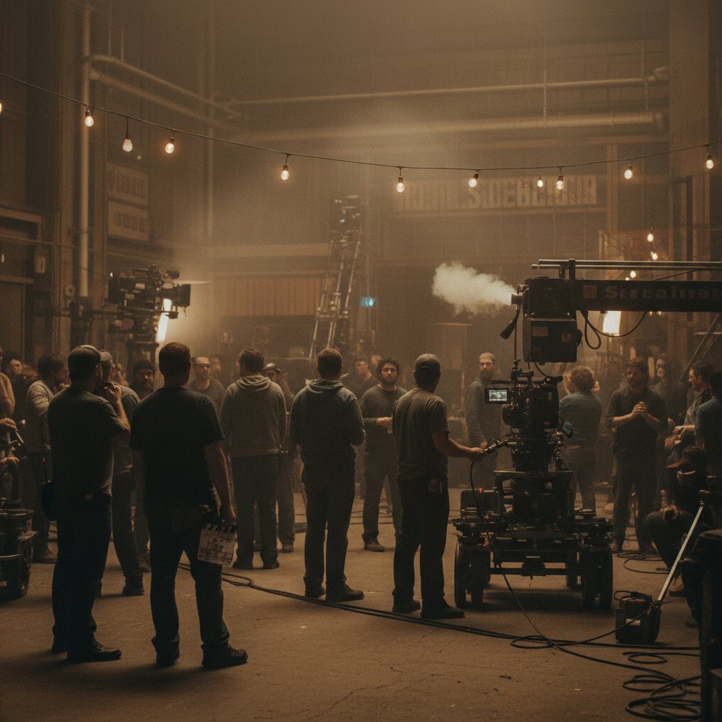 Moody film crowd watching a Paul Thomas Anderson movie, dim lights, dramatic expressions, 16:9 ratio, cinema atmosphere