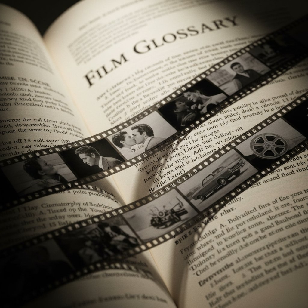 Photograph of a stylized film dictionary page with overlapping film strips, intellectual mood, soft high contrast lighting, 16:9 format to illustrate portmanteau movie terminology