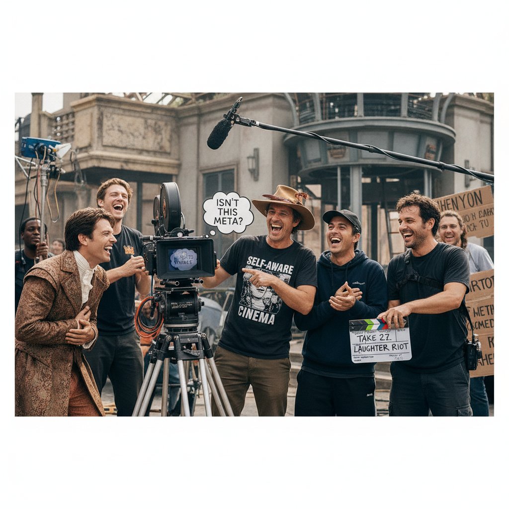 Photo of a film director laughing with actors while pointing at a camera, referencing self-aware comedy cinema