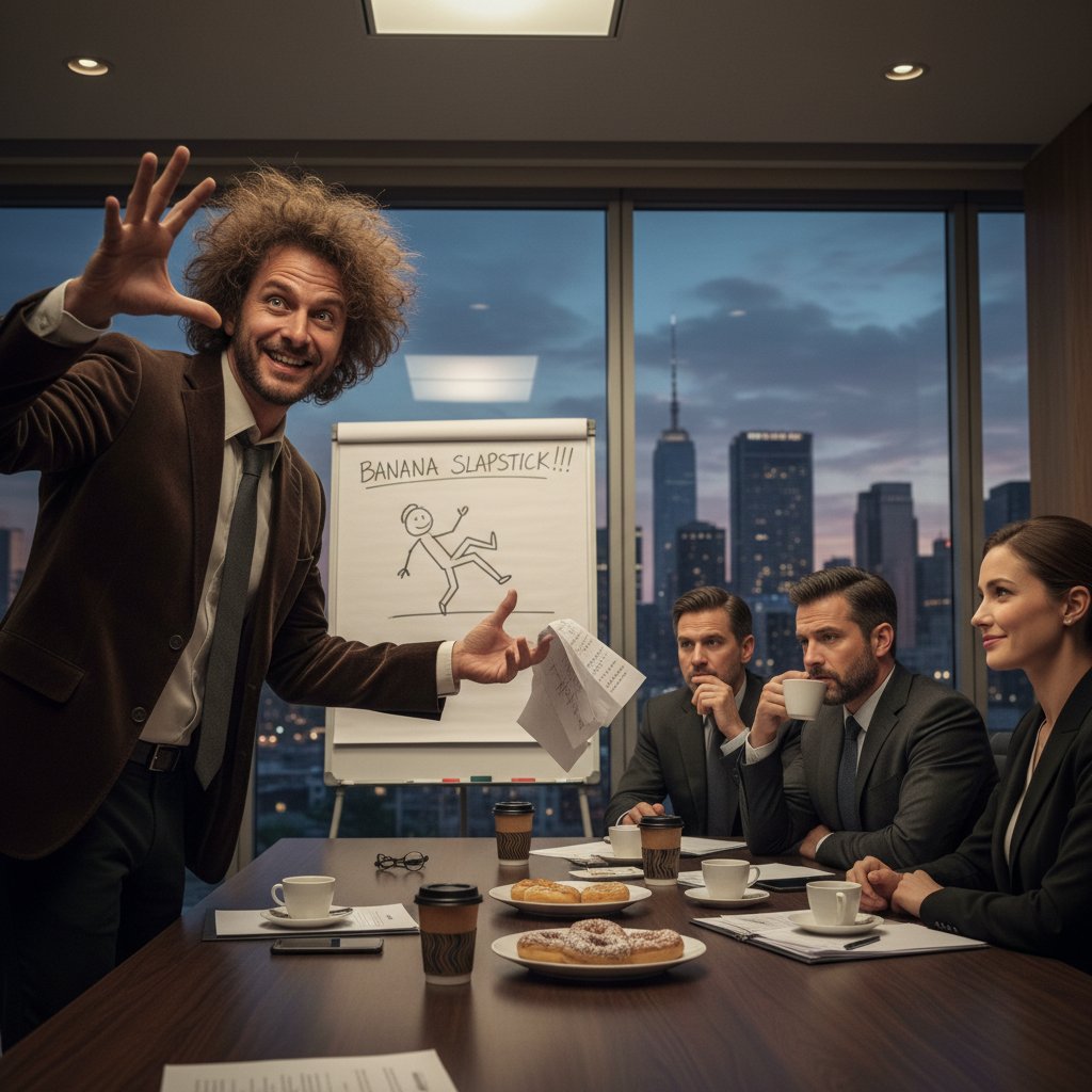 Film director presenting comedy idea to studio team
