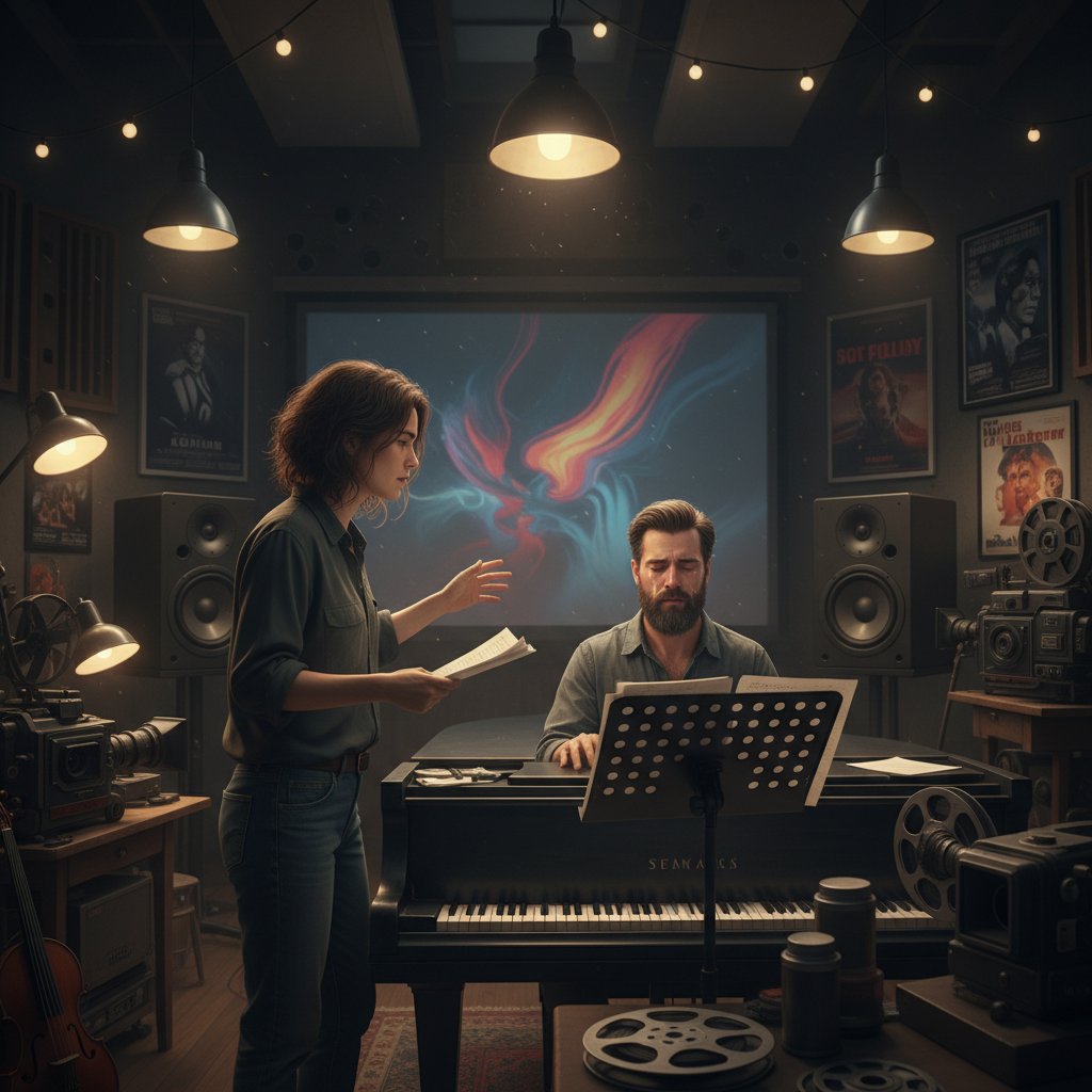 Director and composer discussing a film score in a dimly lit studio