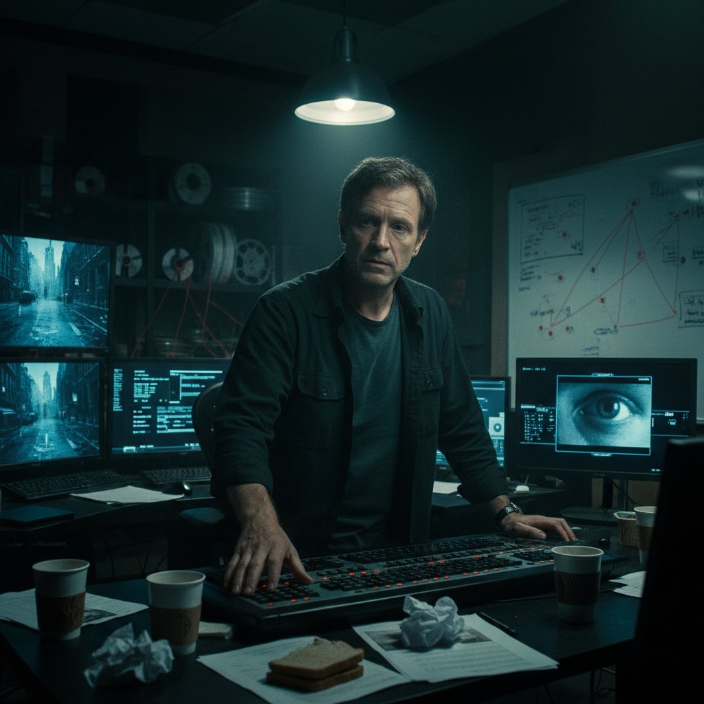 Film director in dark editing room reviewing footage for a thriller, referencing david fincher movies