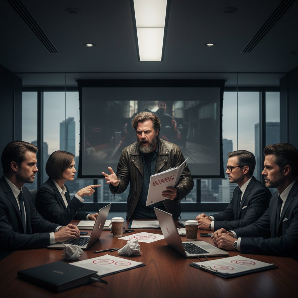 Film director in heated debate with executives in a boardroom, discussing a controversial script