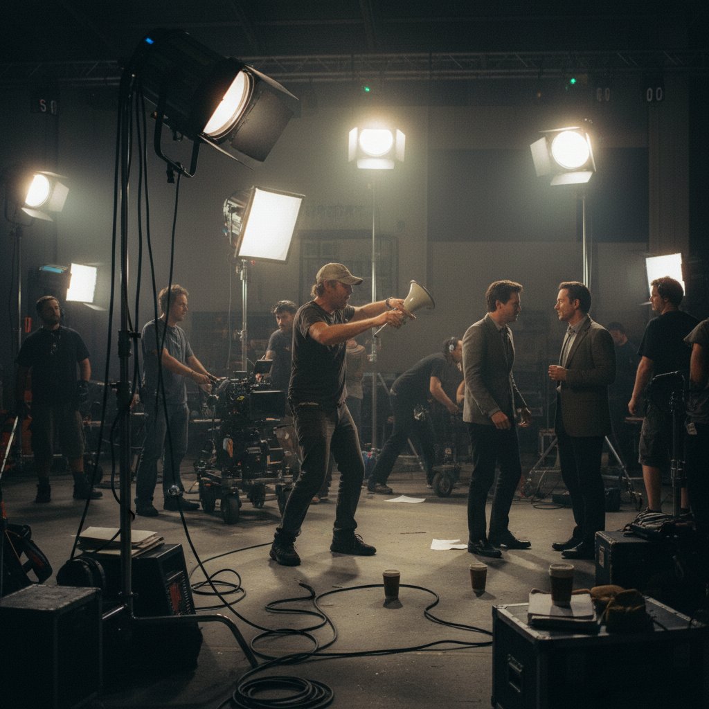 Film director and crew under harsh set lights, chaotic environment, making of movies