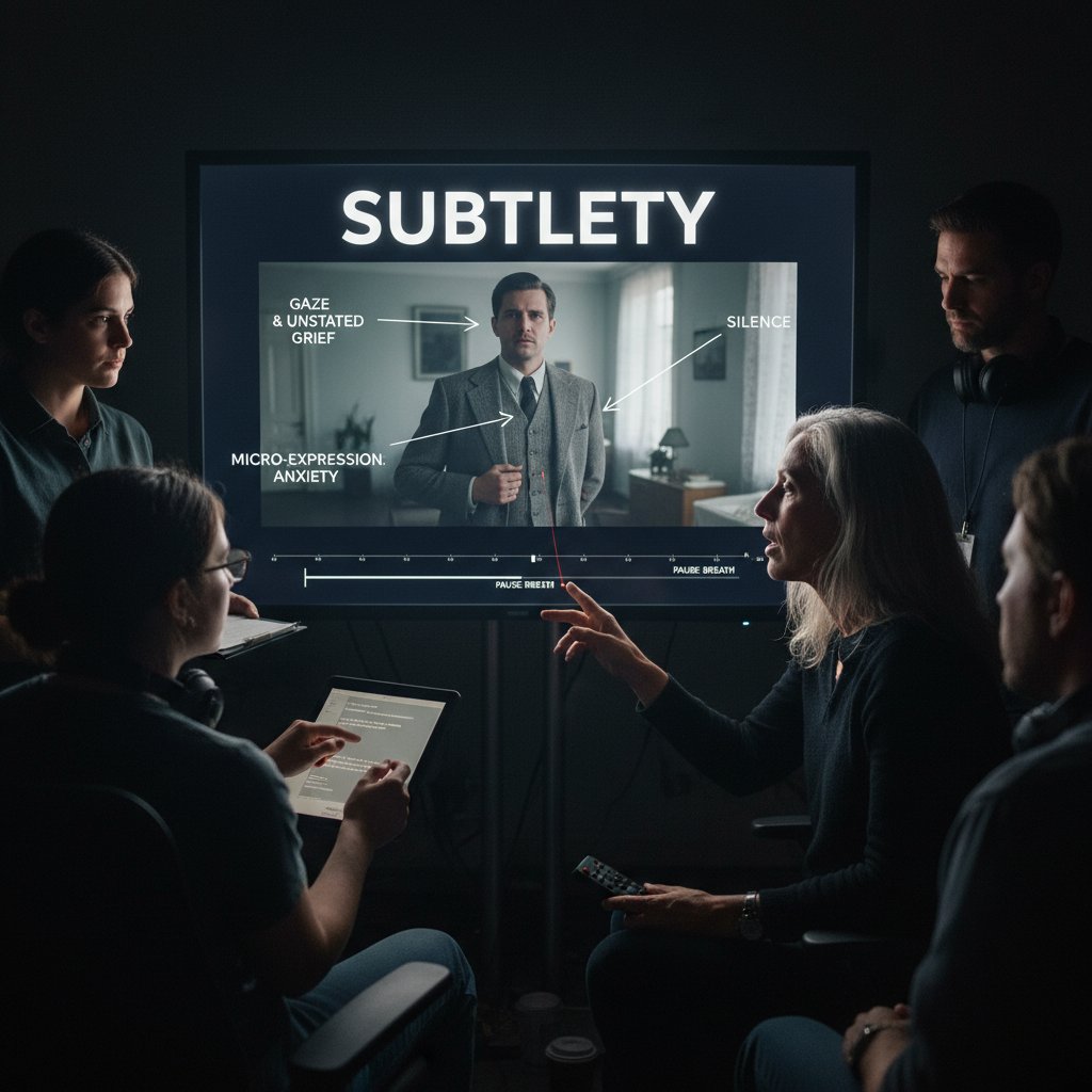 A film director reviewing a scene to ensure balance between subtlety and clarity