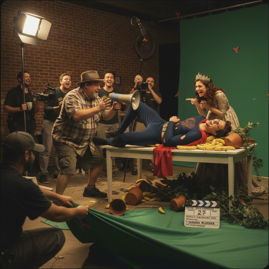 Film director encouraging actors to laugh after a funny on-set mistake, laughter spreading on set