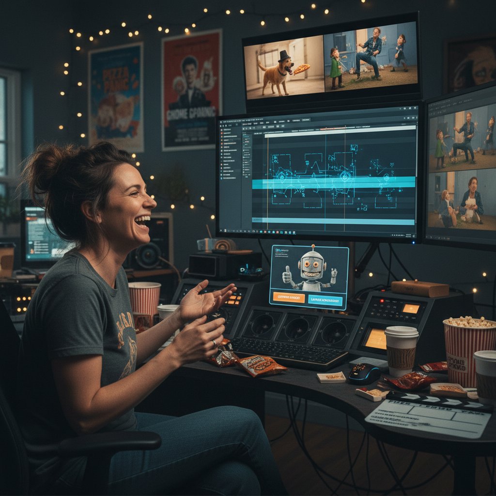 Film editor working on comedy movie scenes with AI-assisted software, facial expressions on screen