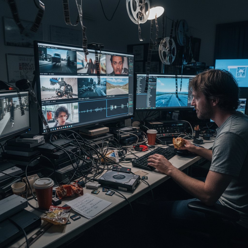 Film editor surrounded by chaotic footage, retro editing room, movie accidental comedy cinema vibe