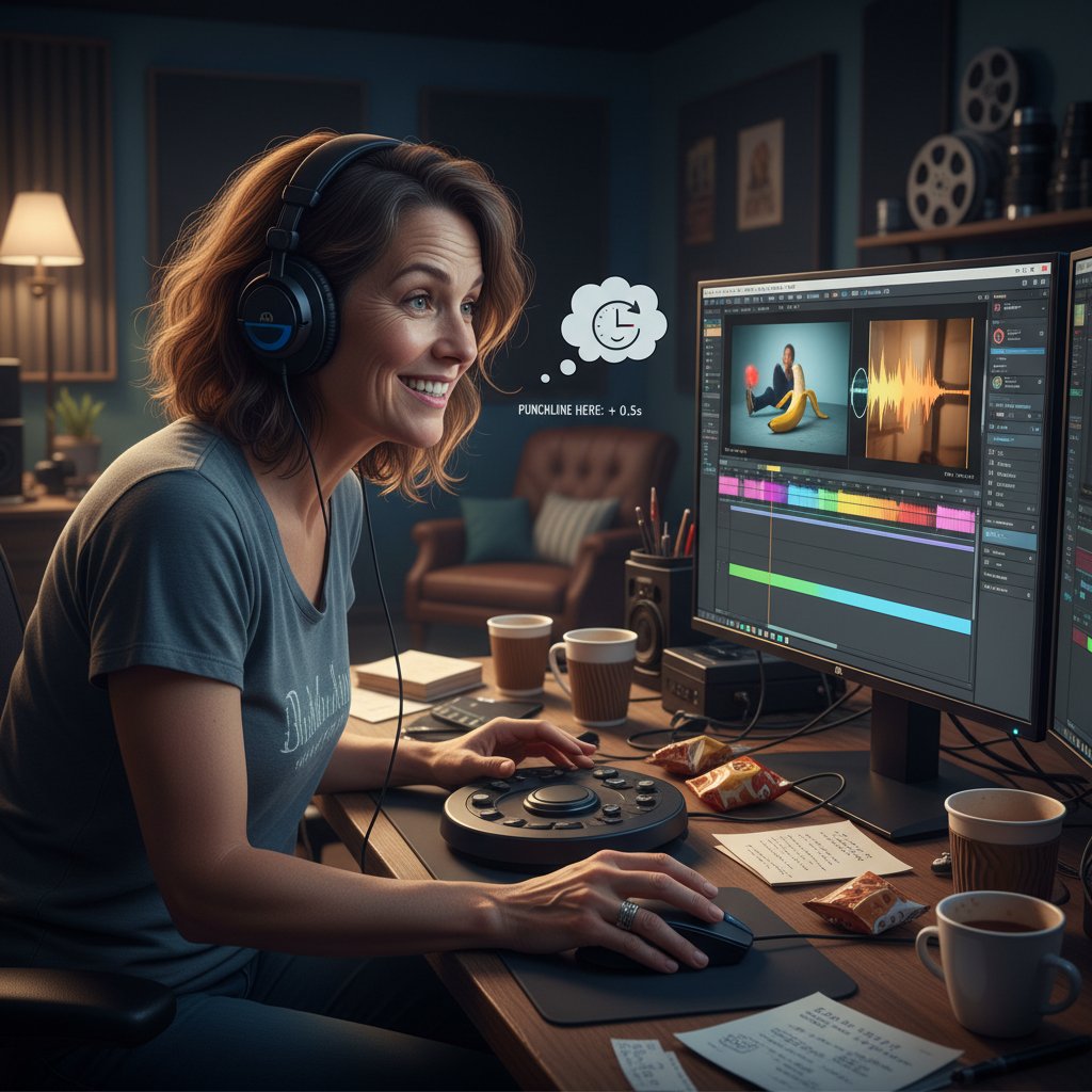 Film editor analyzing comedy timing on editing software, representing editing and movie tempo comedy movies