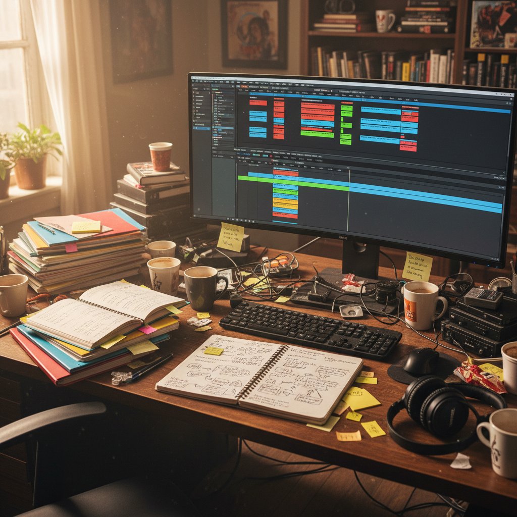 Film editor’s desk scattered with color-coded script pages, coffee cups, and notes on nonlinear movie structure