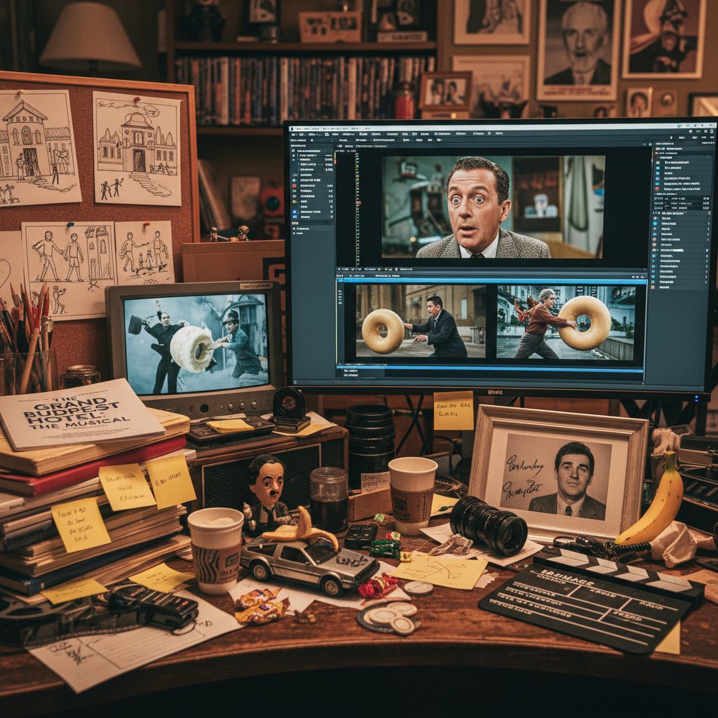 Film editor’s desk covered with annotated scripts, storyboards, and classic movie memorabilia
