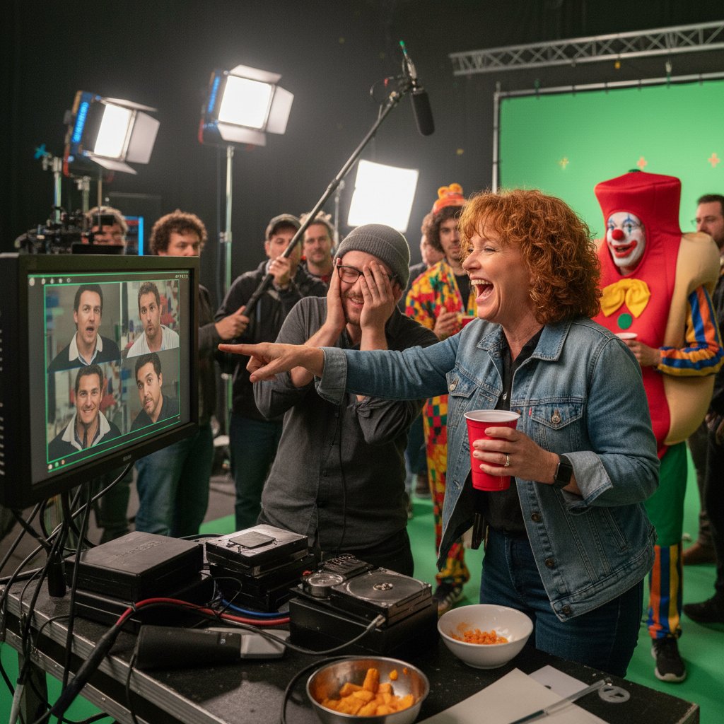 Film editor and director reviewing a funny editing mistake on a monitor, actors laughing in background