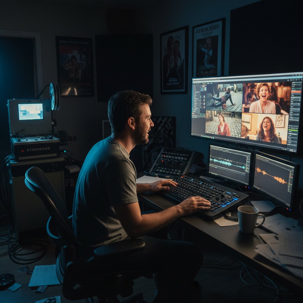 Film editor reviewing movie bloopers, editing room with blooper reel on monitor