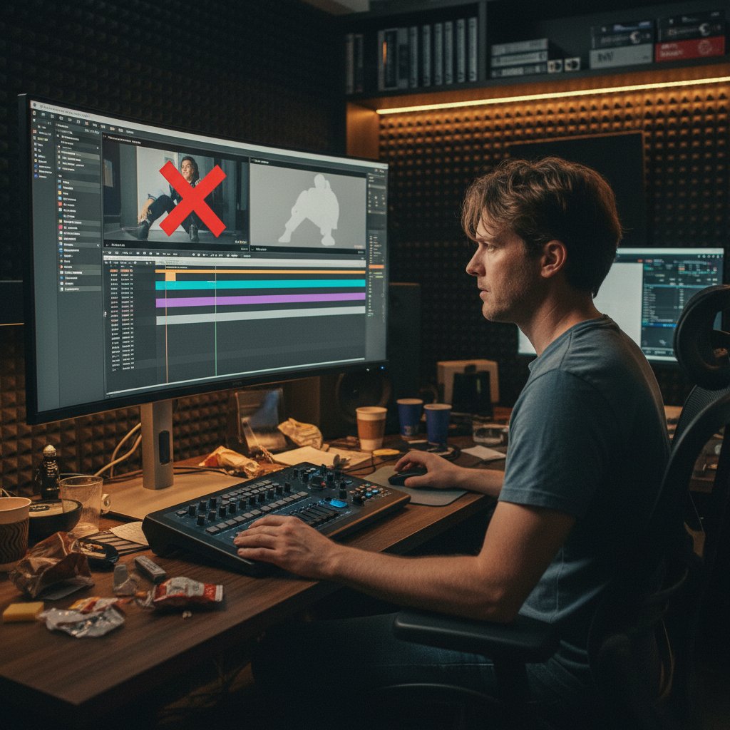 Film editor working intensely at computer with digital screens, removing errors from a comedy scene