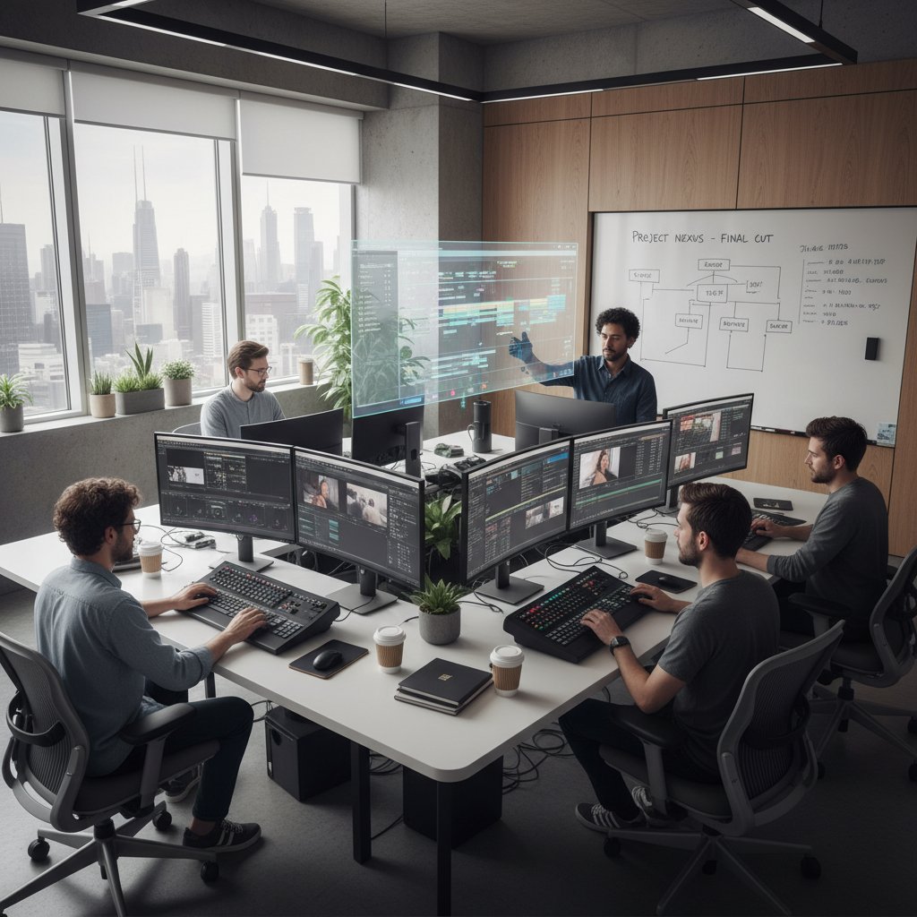 Film editors collaborating on laptops, screens displaying collaborative editing software, modern workspace, focused mood