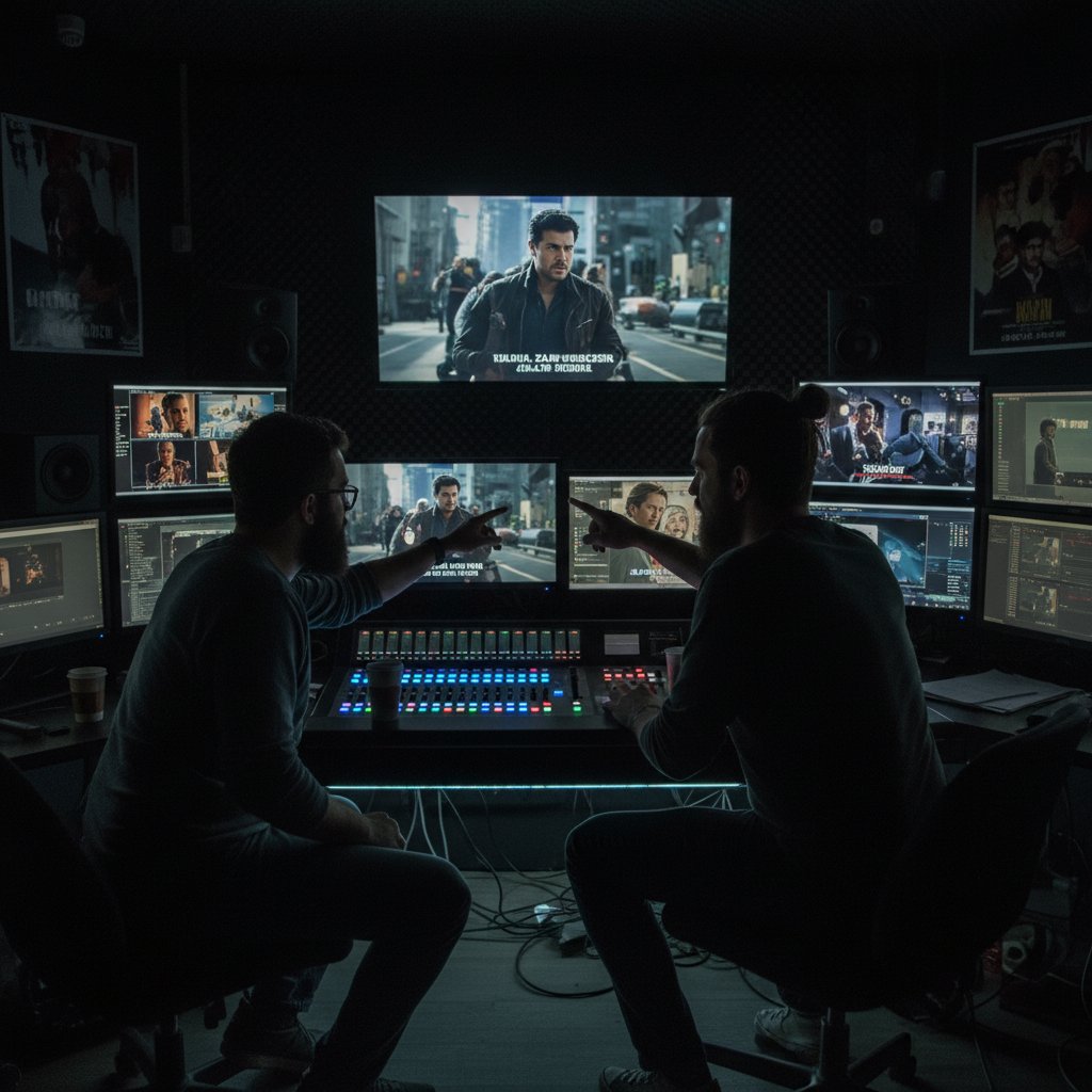 Film editors working intensely in a dark studio on split subtitles, movie international versions