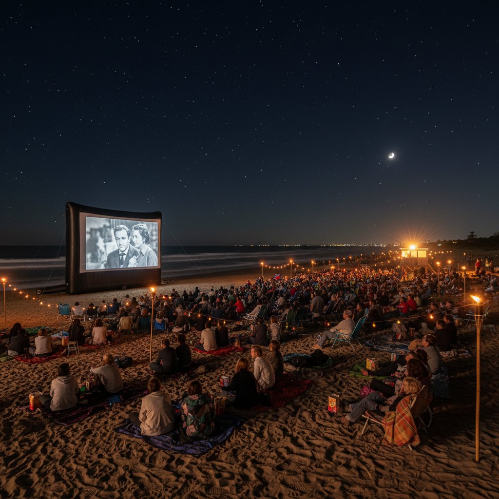 Film fans gathered for a late-night beach movie event, moody crowd, midnight screening