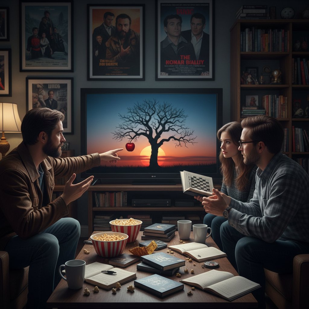 Film fans discussing symbolic scenes, representing the cultural impact of movie visual metaphors