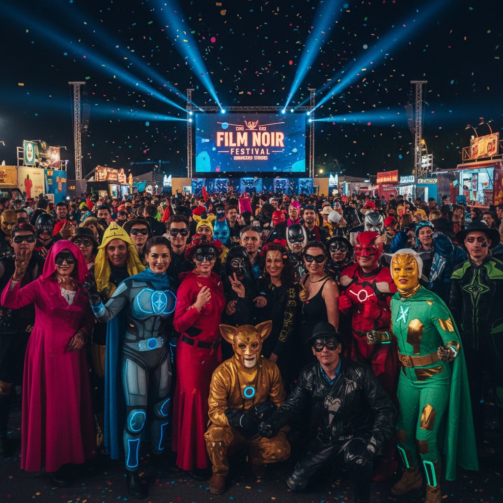 Fans in creative costumes at a film festival, secret identity movies cosplay, vibrant and joyful