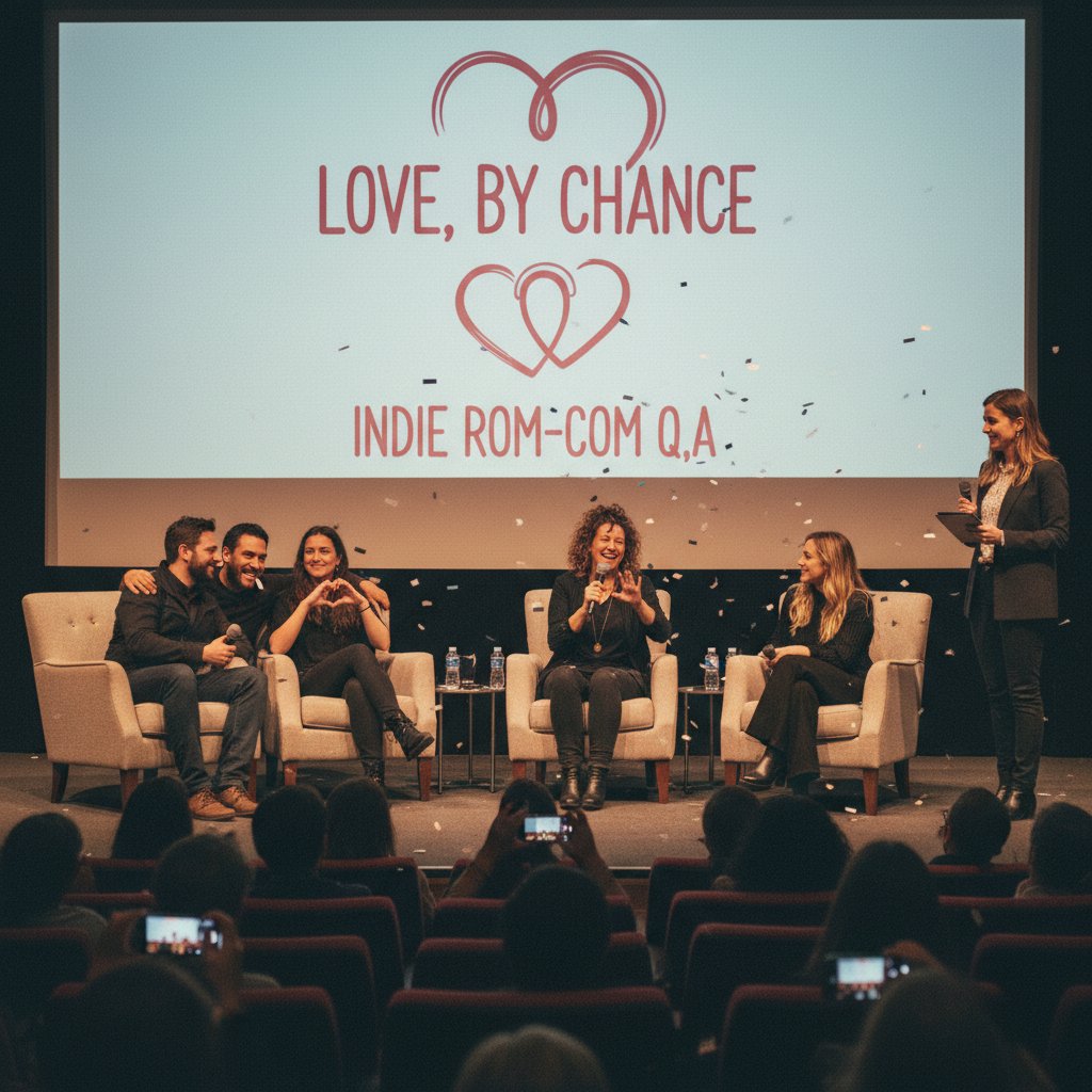 Filmmaker and actors on stage discussing a new indie rom com