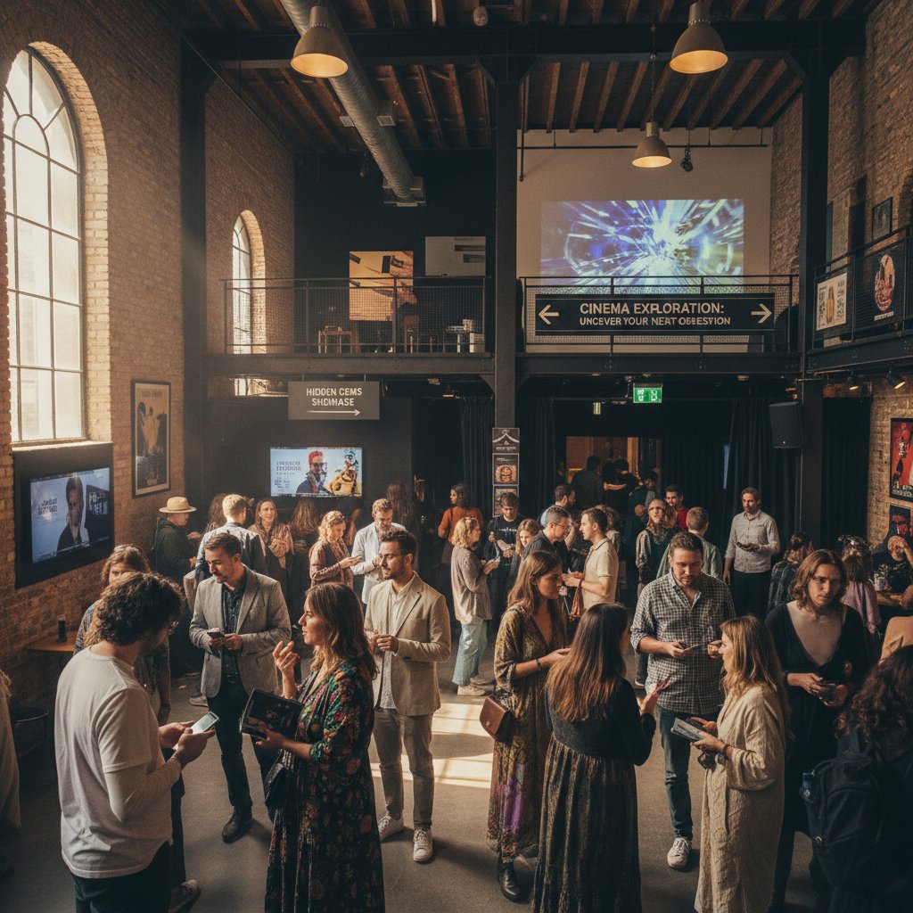 Diverse group at a film festival discovering a hidden movie gem