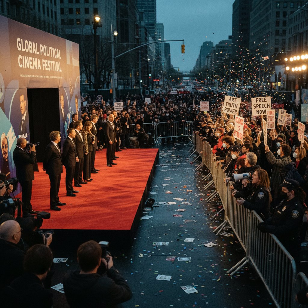Red carpet scene with protestors and filmmakers mingling, dramatic lighting, tense yet celebratory, symbolizing film festivals as battlegrounds for political cinema