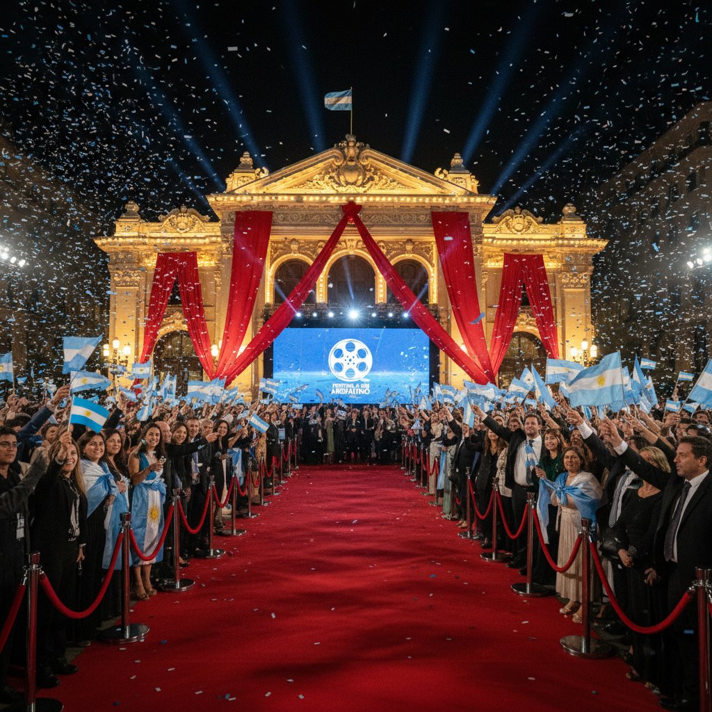 Modern dynamic photo of film festival audience with Argentinian flags, red carpet, energetic mood