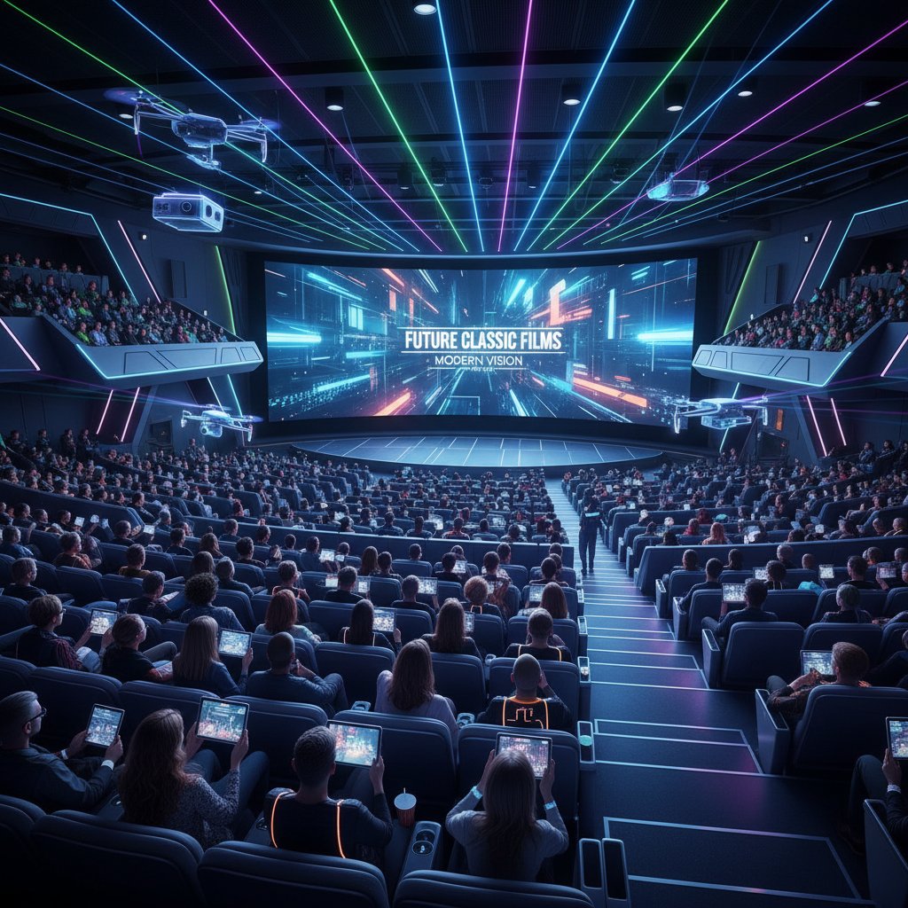 Modern film festival audience voting on future classic movies, dynamic atmosphere