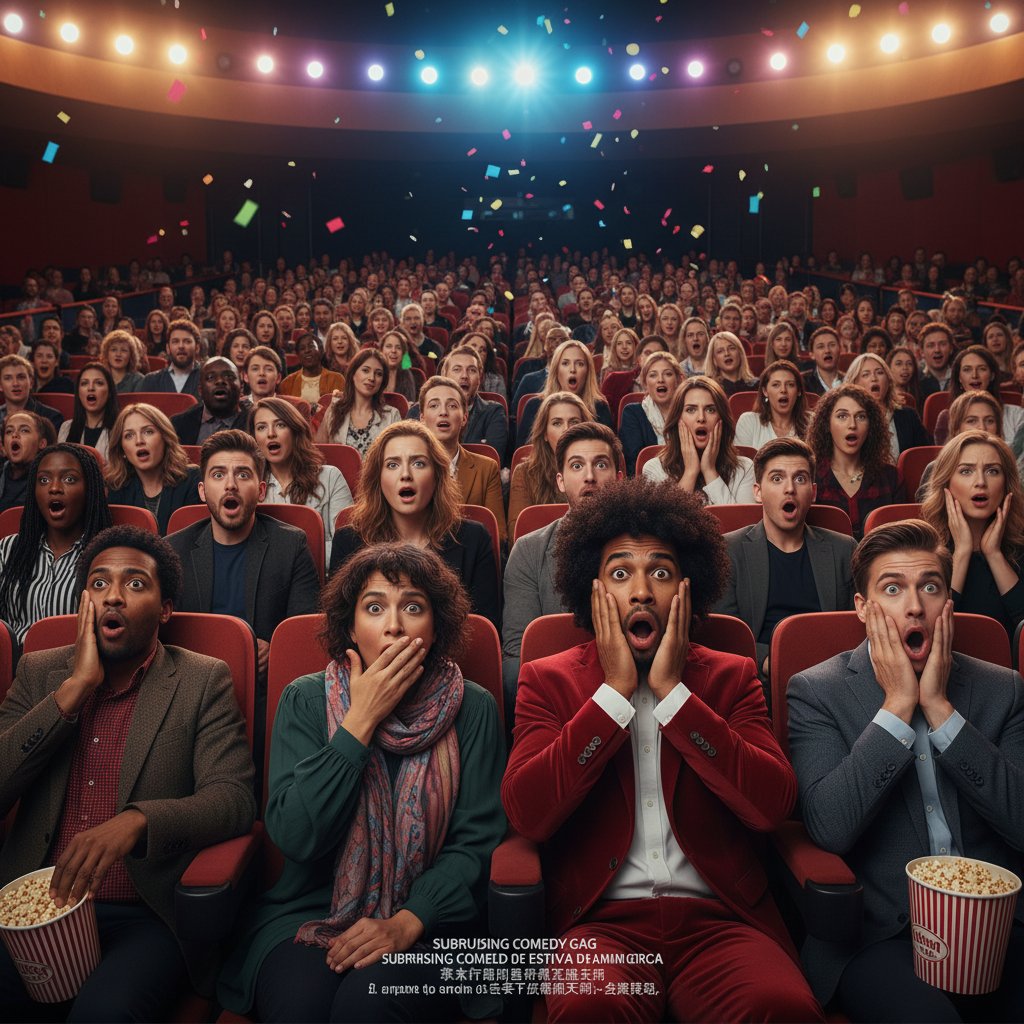 Photo of a film festival audience watching an international comedy, diverse expressions of surprise and laughter visible
