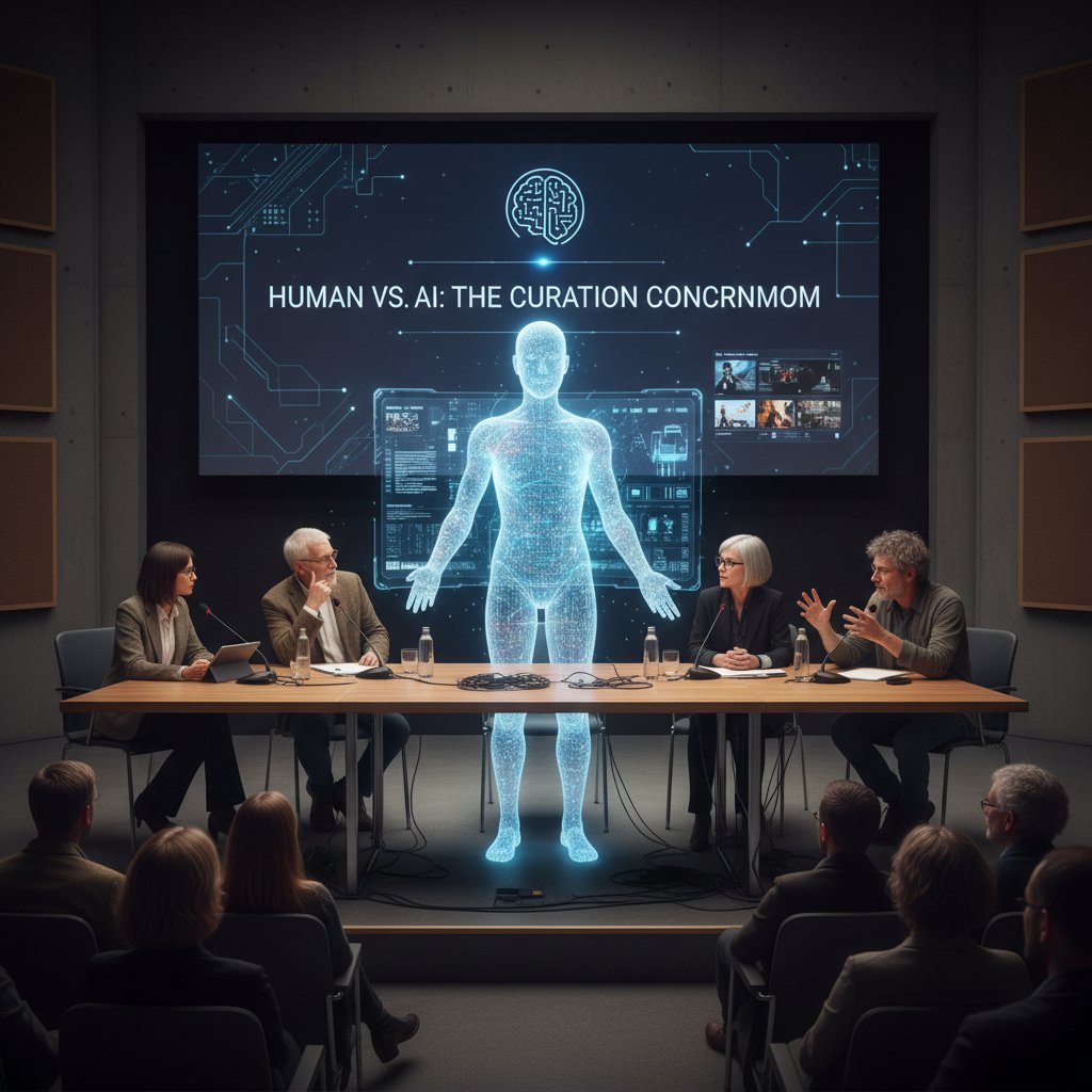 Photo of a film festival jury panel discussing movies, juxtaposed with a person using an AI movie assistant on a tablet, symbolizing AI vs. human curation