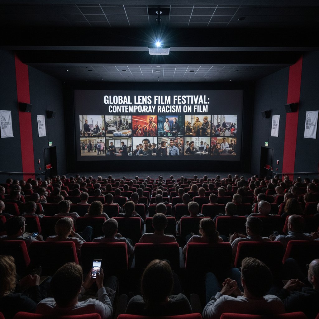 Film festival screening, diverse crowd discussing contemporary racism movies
