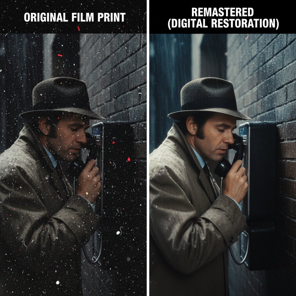 Film grain comparison in remastered vs original movie, side-by-side stills with and without digital noise reduction