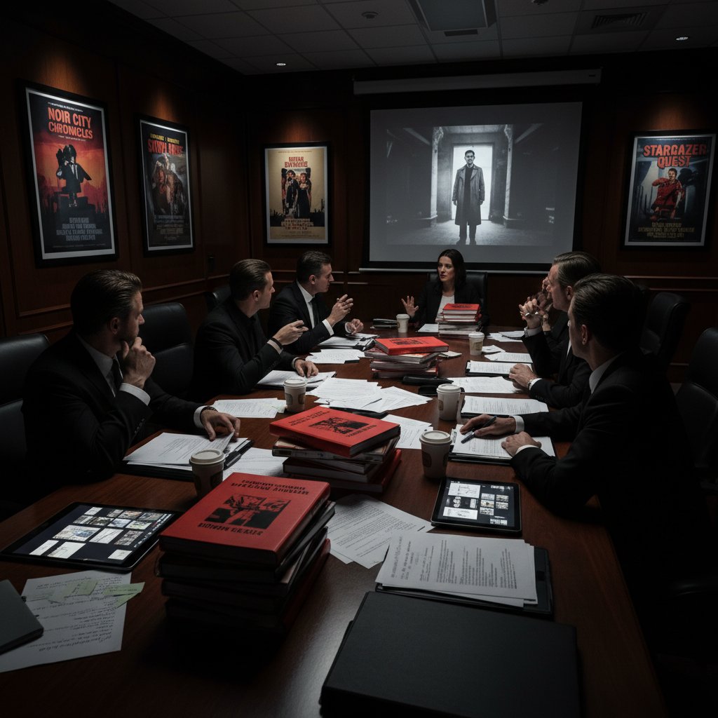 Film industry decision makers in a secretive meeting room, high-contrast photo with movie posters and scripts on the table