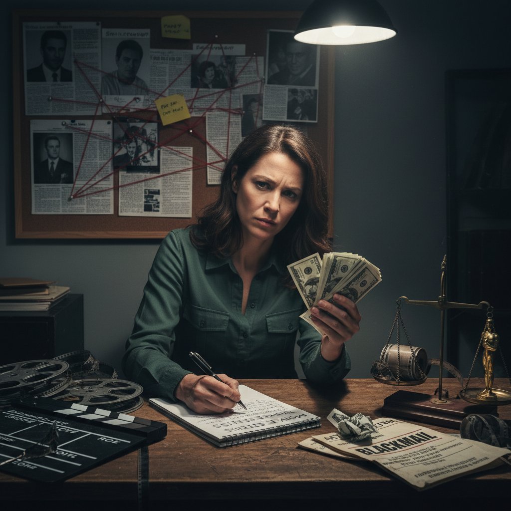 Moody photo of a film journalist at a cluttered desk with a stack of cash and a notepad, pondering ethics in movie journalism