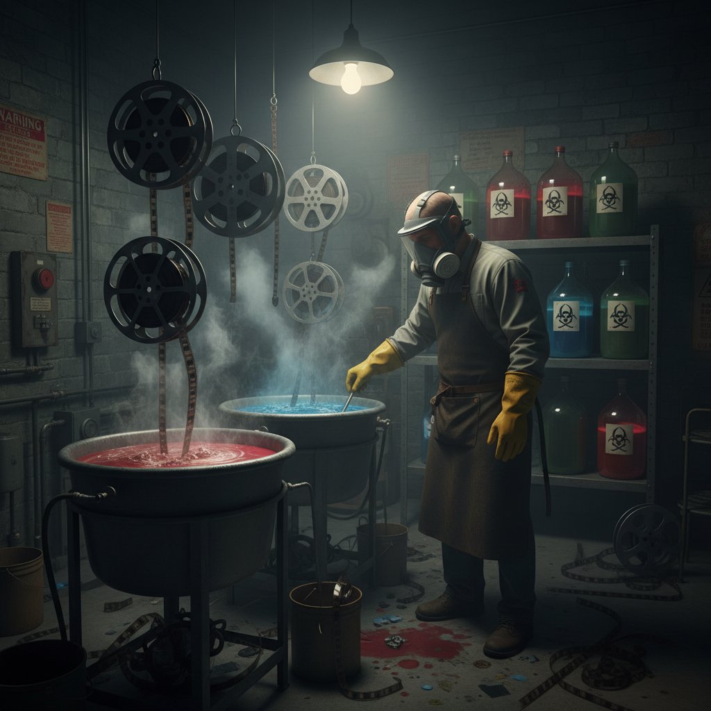 Film lab worker handling hazardous chemicals, environmental and safety risks of movie film stocks