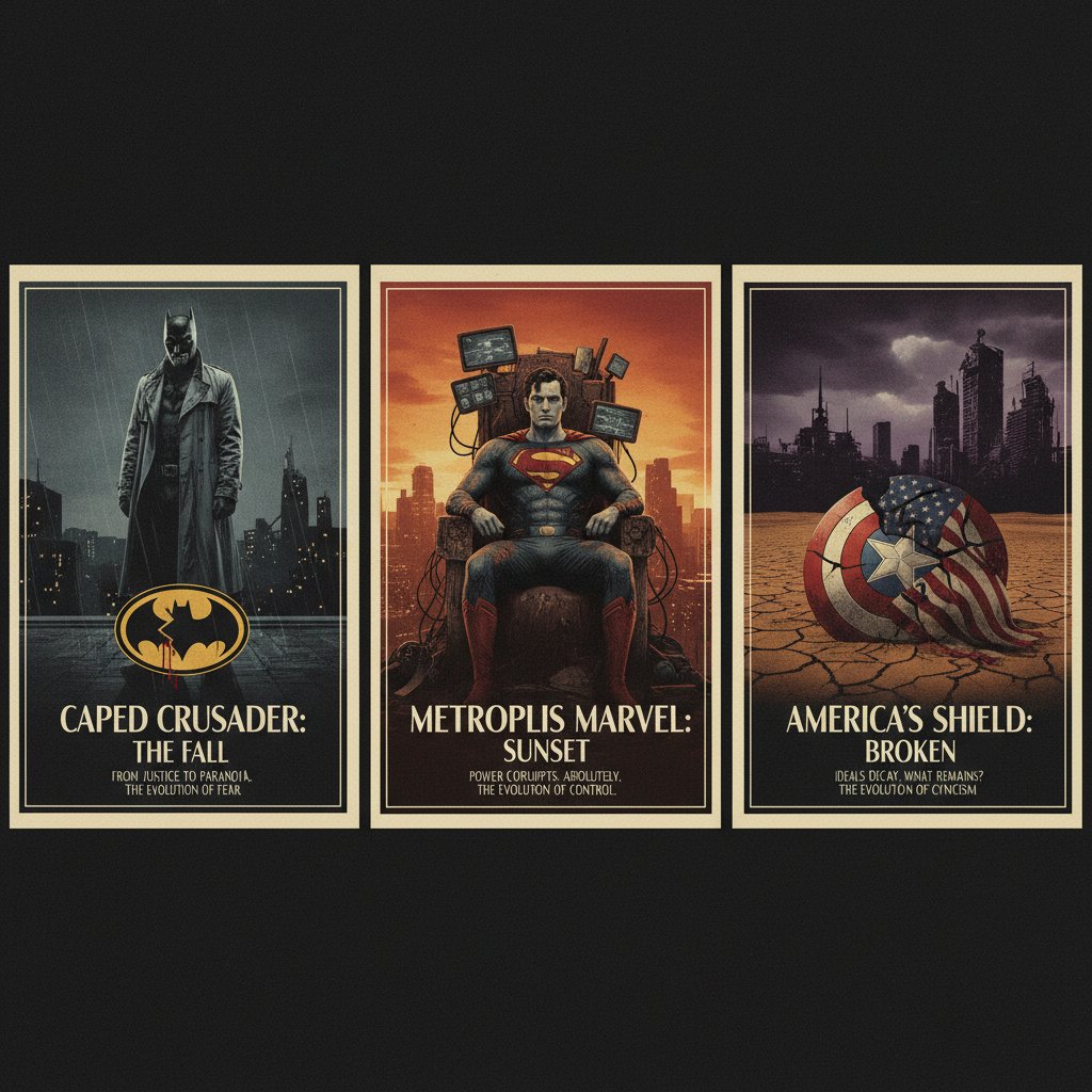 Evolution of cynical movies through decades, montage of film noir posters and modern superhero movies