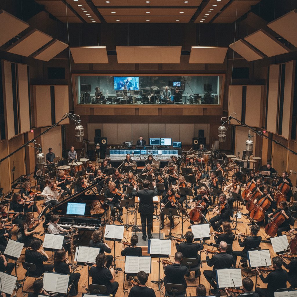 Film orchestra preparing for a movie score recording session, anxious faces, cables everywhere, director watching from behind glass, movie score recording.