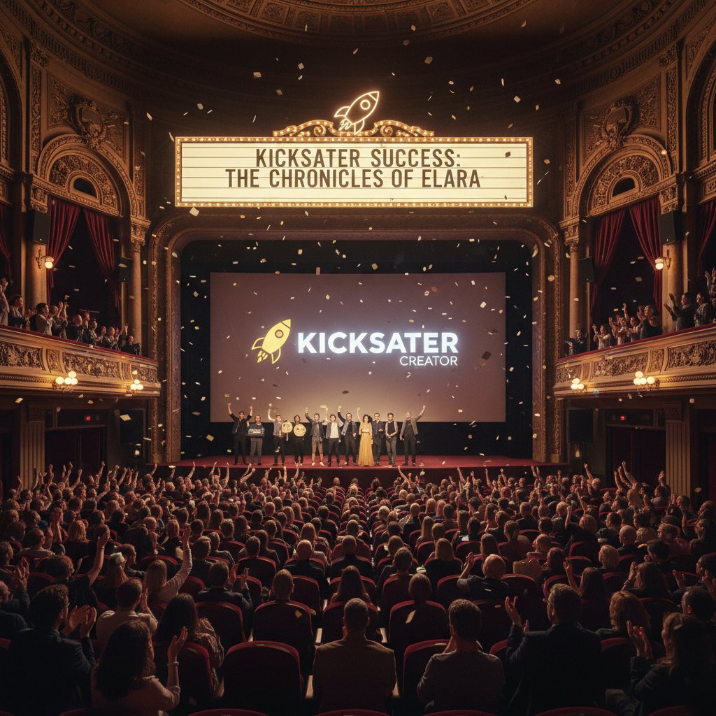 A packed movie theater at a film premiere, with a “Kickstarter Success” banner above the screen