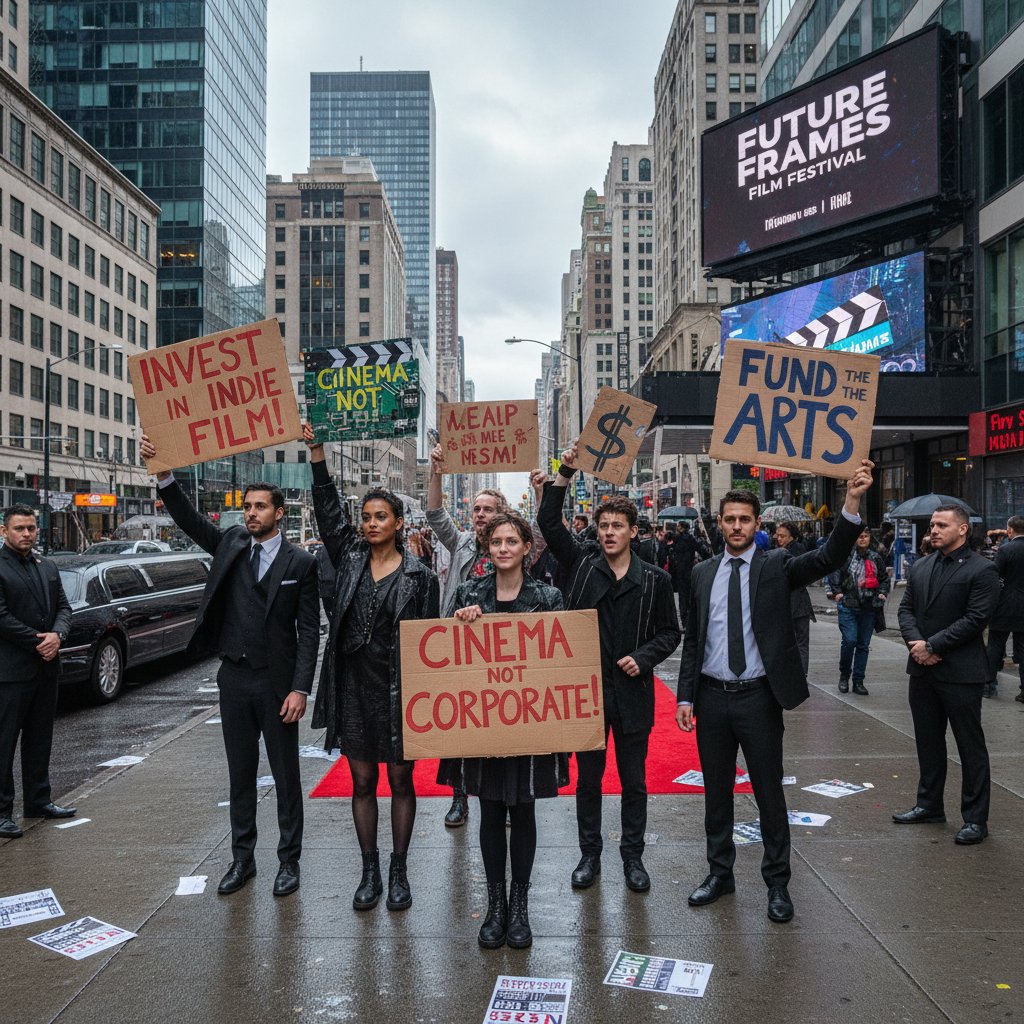 Cinematic collage of film premieres, street fashion, protest signs, showing movie investment impact on culture