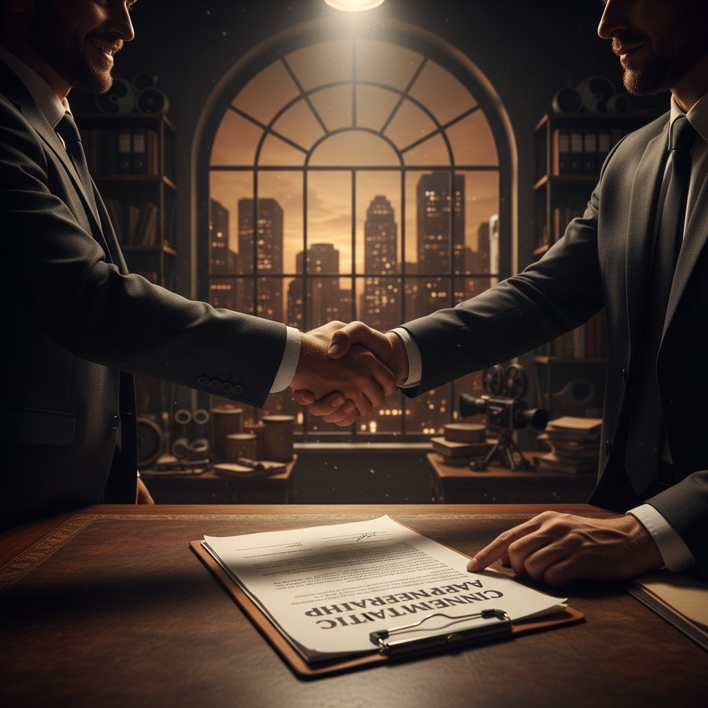 Diverse film producers shaking hands over movie contract, dramatic lighting, tense mood, business negotiation